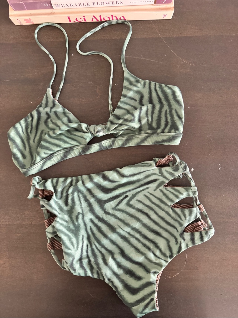 acacia swimwear Green Zebra-Striped Bandeau Bikini Set